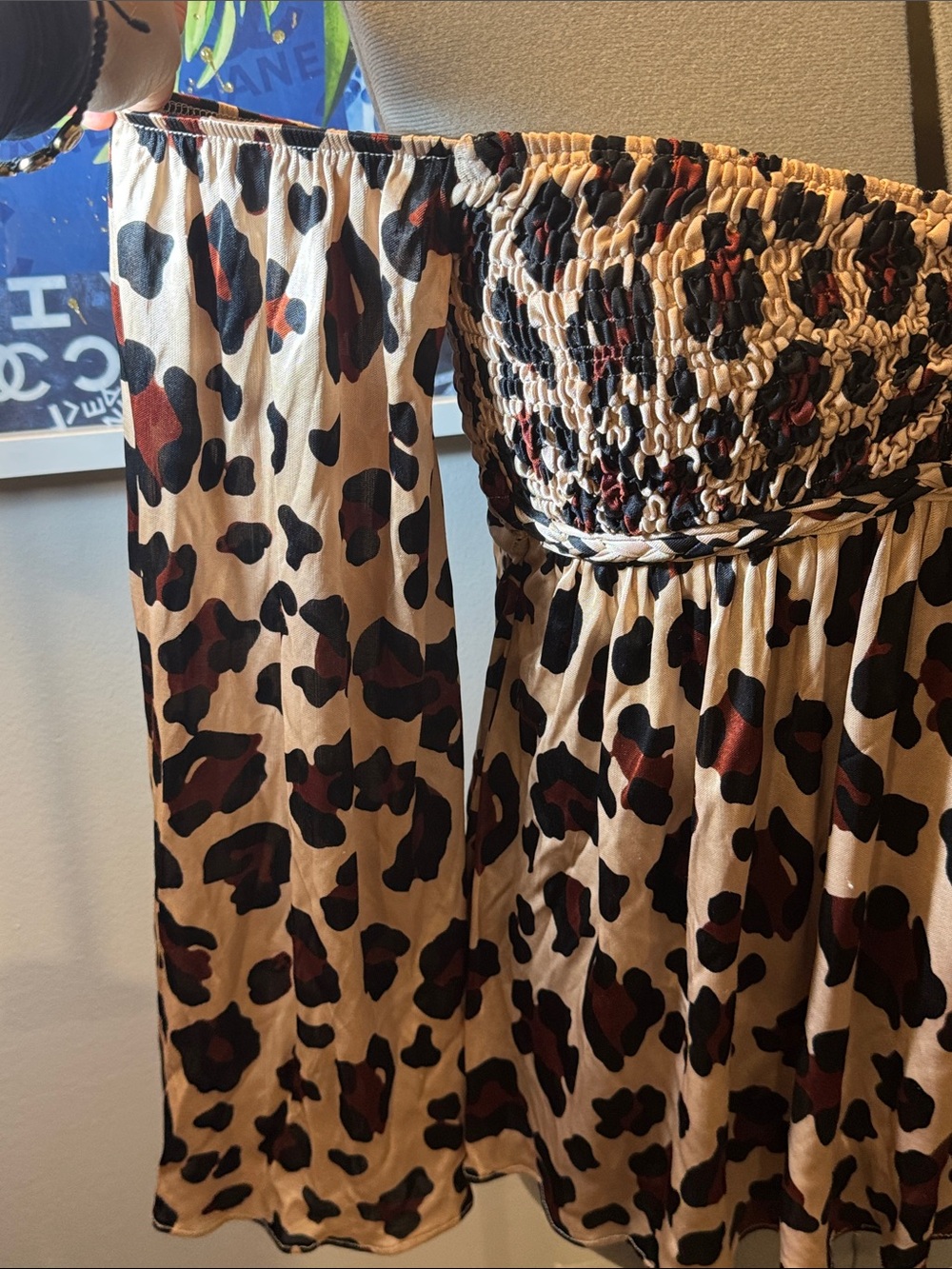 Sky Leopard Print Smocked Off-Shoulder Top - Beige & Brown - Picture 4 of 5